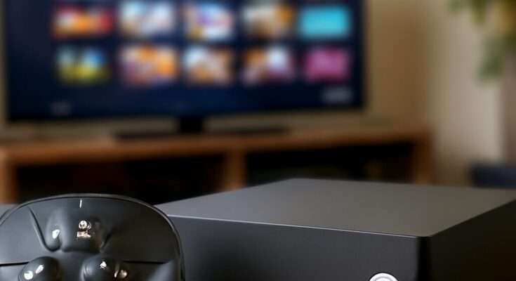 Valve Steam Machine 2024: Moderne Gaming-Konsole mit PC-Hardware und Steam-Integration als Herausforderer von PlayStation und Xbox, präsentiert in einem stilvollen Wohnzimmer-Setup.