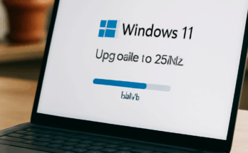 Windows 11 Logo vor einem Update-Symbol, das die automatische Zwangsaktualisierung von Version 23H2 auf 25H2 symbolisiert.