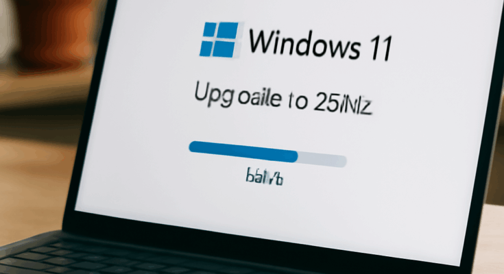 Windows 11 Logo vor einem Update-Symbol, das die automatische Zwangsaktualisierung von Version 23H2 auf 25H2 symbolisiert.