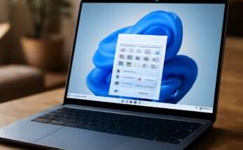 Beitragsbild zu Windows 11 25H2 Update mit Fokus auf verbesserte Leistung und Datenschutz, Darstellung von Windows-Logo, Sicherheits- und Performance-Symbolen vor modernem Hintergrund.