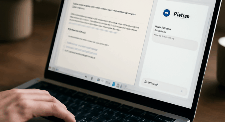 Screenshot von Windows 11 mit geöffneter Copilot-Seitenleiste: KI-Chatfenster neben dem Desktop, Symbol in der Taskleiste, Fokus auf KI-Unterstützung bei Texteingaben und Systemeinstellungen.