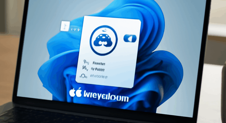 Symbolbild zu Windows 11 mit KI-Interface: Ein stilisierter Windows-Desktop, auf dem ein KI-Assistent Dateien, Ordner und Einstellungen durchsucht, ergänzt um visuelle Elemente zu Datenschutz und Sicherheit (z.B. Schloss- oder Schildsymbol), um den Spannungsbogen zwischen Produktivität und Privatsphäre zu verdeutlichen.