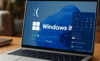 Alt-Text: Windows 11 Logo auf einem Laptop-Bildschirm mit Warnsymbol, das auf Probleme nach dem jüngsten Update hinweist, während Microsoft an einer Lösung arbeitet.