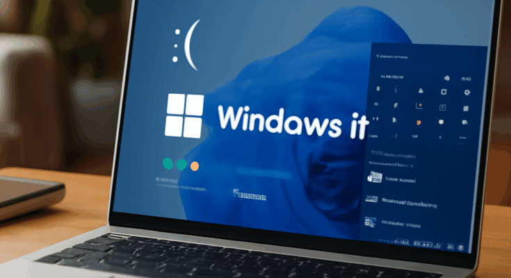 Alt-Text: Windows 11 Logo auf einem Laptop-Bildschirm mit Warnsymbol, das auf Probleme nach dem jüngsten Update hinweist, während Microsoft an einer Lösung arbeitet.