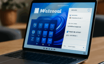 Alt-Text: Illustration des Windows 11-Logos vor einem Hintergrund mit digitalen KI-Elementen, die den Wandel von Windows 11 zum KI-Betriebssystem symbolisieren.