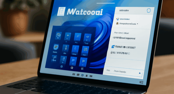 Alt-Text: Illustration des Windows 11-Logos vor einem Hintergrund mit digitalen KI-Elementen, die den Wandel von Windows 11 zum KI-Betriebssystem symbolisieren.