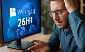 Windows 11 Logo vor unscharfem Hintergrund mit Text „Version 26H1“ – Symbolbild für die verwirrende Namensgebung und Ankündigung des Windows 11 Updates im ersten Halbjahr 2026.