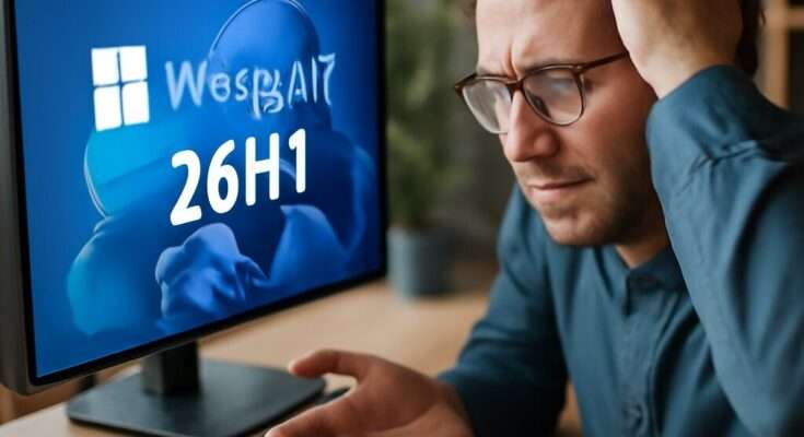 Windows 11 Logo vor unscharfem Hintergrund mit Text „Version 26H1“ – Symbolbild für die verwirrende Namensgebung und Ankündigung des Windows 11 Updates im ersten Halbjahr 2026.