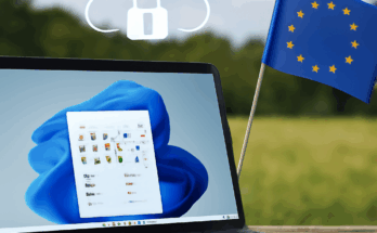 Alt-Text: Symbolgrafik zu „Windows 11 aus der europäischen Cloud“: Ein Windows-11-Desktop vor stilisierten europäischen Rechenzentren mit EU-Sternenkreis, der Datensouveränität, DSGVO-Compliance und Speicherung in EU-Datenregionen visualisiert.