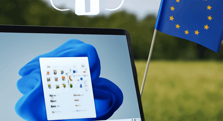 Alt-Text: Symbolgrafik zu „Windows 11 aus der europäischen Cloud“: Ein Windows-11-Desktop vor stilisierten europäischen Rechenzentren mit EU-Sternenkreis, der Datensouveränität, DSGVO-Compliance und Speicherung in EU-Datenregionen visualisiert.