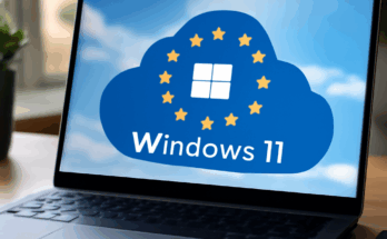Symbolbild mit Windows-11-Desktop vor stilisierter Europakarte und EU-Sternen, das die Bereitstellung von Windows 11 aus europäischen Rechenzentren mit Fokus auf Datenschutz, DSGVO-Compliance und digitale Souveränität visualisiert.