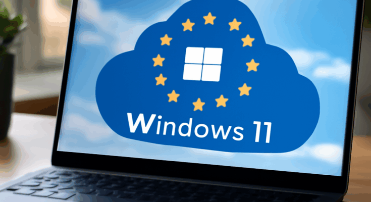 Symbolbild mit Windows-11-Desktop vor stilisierter Europakarte und EU-Sternen, das die Bereitstellung von Windows 11 aus europäischen Rechenzentren mit Fokus auf Datenschutz, DSGVO-Compliance und digitale Souveränität visualisiert.