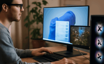 Symbolbild zu Windows-11-Gaming-Update: Gamer sitzt am PC mit Windows-11-Oberfläche auf dem Monitor, Fokus auf Sicherheit, System-Updates und Performance-Optimierung für Spiele.