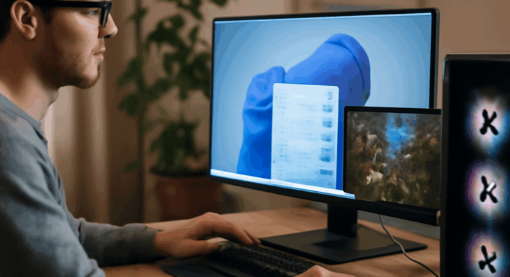 Symbolbild zu Windows-11-Gaming-Update: Gamer sitzt am PC mit Windows-11-Oberfläche auf dem Monitor, Fokus auf Sicherheit, System-Updates und Performance-Optimierung für Spiele.