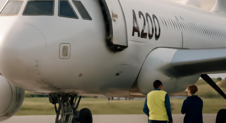 Alt-Text: Airbus A320 auf Rollfeld, seitliche Ansicht bei Tageslicht; im Vordergrund das Cockpit als Symbol für ein aktuelles Softwareproblem in der Flugsteuerung, zu dem Hersteller, Airlines und Luftfahrtbehörden Übergangsverfahren und Updates zur Sicherung des Flugbetriebs erarbeiten.