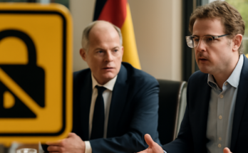 Symbolbild: Verschwommene Regierungsgebäude vor digitalem Hintergrund mit Codezeilen, darüber Schlagworte zu IT-Sicherheit, Cyberangriffen und fehlender Transparenz der Bundesregierung.