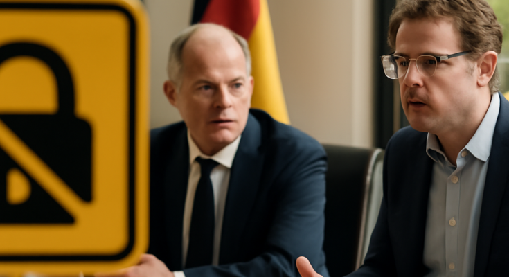 Symbolbild: Verschwommene Regierungsgebäude vor digitalem Hintergrund mit Codezeilen, darüber Schlagworte zu IT-Sicherheit, Cyberangriffen und fehlender Transparenz der Bundesregierung.