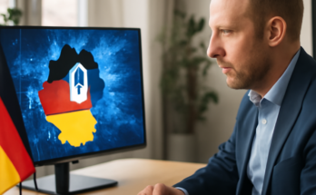 Symbolgrafik mit Deutschlandkarte, digitalen Netzlinien und Sicherheitssymbolen (Schloss/Schild), die Themen digitale Souveränität, Cloud-Infrastrukturen und IT-Sicherheit als Standortfaktor visualisieren.