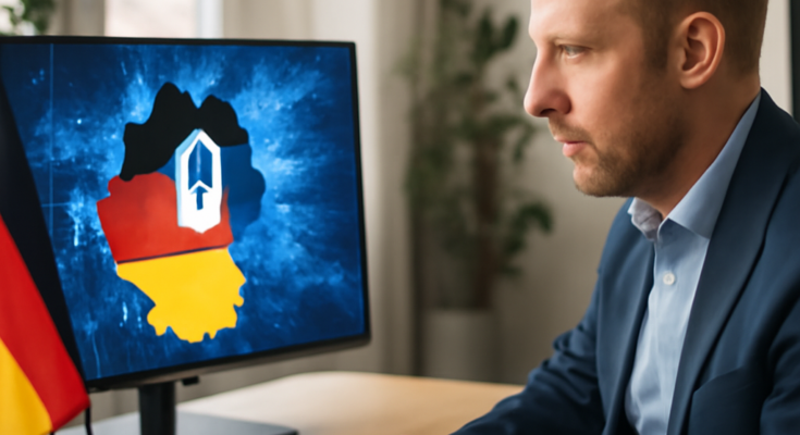 Symbolgrafik mit Deutschlandkarte, digitalen Netzlinien und Sicherheitssymbolen (Schloss/Schild), die Themen digitale Souveränität, Cloud-Infrastrukturen und IT-Sicherheit als Standortfaktor visualisieren.