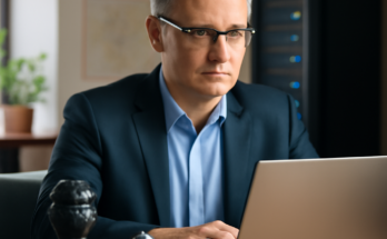 Symbolbild einer modernen Verwaltung: abstrakte Darstellung eines digitalen Behördenbüros mit Computerarbeitsplätzen, KI-Icons und Sicherheitssymbolen (Schloss, Schild) vor stilisiertem Verwaltungsgebäude, steht für Digitalisierung, KI-Einsatz und IT-Sicherheit in der Kreisverwaltung.