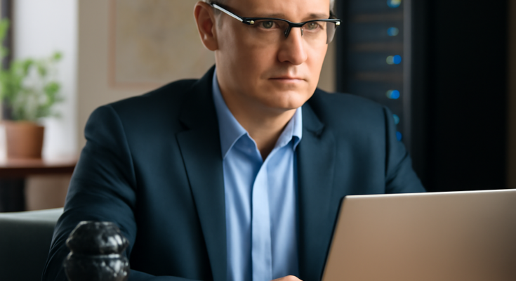 Symbolbild einer modernen Verwaltung: abstrakte Darstellung eines digitalen Behördenbüros mit Computerarbeitsplätzen, KI-Icons und Sicherheitssymbolen (Schloss, Schild) vor stilisiertem Verwaltungsgebäude, steht für Digitalisierung, KI-Einsatz und IT-Sicherheit in der Kreisverwaltung.