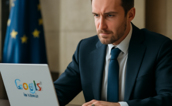 Symbolbild: EU-Flagge vor Gebäude der EU-Kommission, darüber eingeblendete Google-Suchleiste mit hervorgehobenen Nachrichten-Ergebnissen, dazu Schlagworte wie „DSA“, „DMA“ und „KI-Training“ als Hinweis auf die EU-Untersuchung zum Google-News-Ranking.
