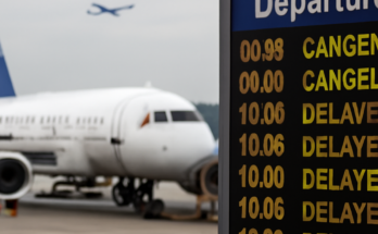 Alt-Text: „Flughafen-Abflugtafel mit zahlreichen angezeigten Verspätungen und gestrichenen Flügen; Passagiere warten mit Gepäck im Terminal – Symbolbild für Flugausfälle und Verzögerungen durch ein Software-Problem bei bestimmten Airbus-Maschinen.“