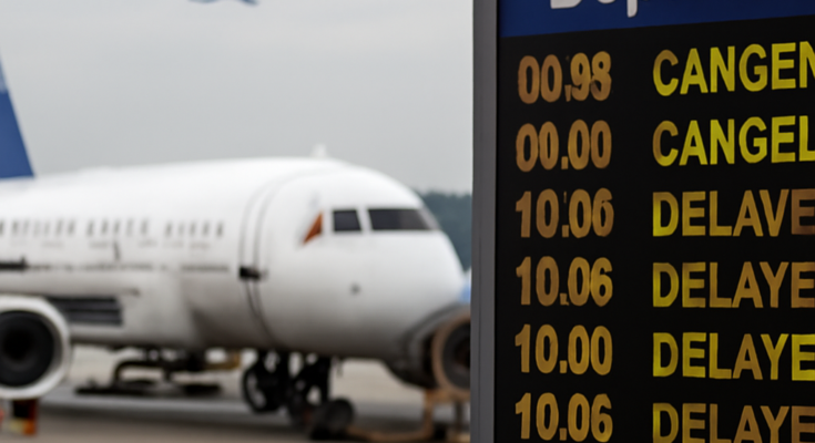 Alt-Text: „Flughafen-Abflugtafel mit zahlreichen angezeigten Verspätungen und gestrichenen Flügen; Passagiere warten mit Gepäck im Terminal – Symbolbild für Flugausfälle und Verzögerungen durch ein Software-Problem bei bestimmten Airbus-Maschinen.“