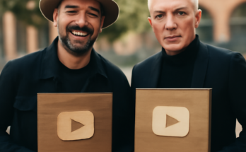 Gentleman und Scooter mit YouTube Legend Awards in der Hand vor YouTube-Branding – Auszeichnung für 20 Jahre Erfolgsgeschichte und konstante Präsenz der deutschen Musikacts auf der Videoplattform.
