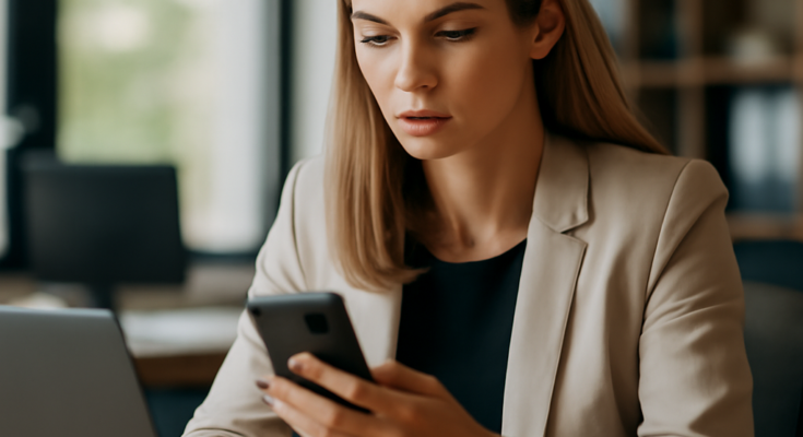 Alt-Text: Bildschirm mit geöffneter Chat-Anwendung im Büro, im Vordergrund ein nachdenklicher Angestellter, im Hintergrund unscharf ein Vorgesetzter, der auf den Monitor blickt – symbolisiert mögliche Arbeitgeber-Einsicht in private Nachrichten und wachsende Überwachung betrieblicher Kommunikation.
