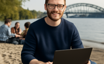Alt-Text: „IT-Sicherheit trifft Teamspirit: Björn sitzt entspannt in Flipflops mit Kolleginnen und Kollegen am Elbstrand, diskutiert über digitale Sicherheit und blickt auf aufgeklappte Laptops mit IT-Sicherheitsgrafiken vor der Kulisse des Hamburger Hafens.“