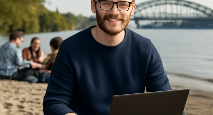 Alt-Text: „IT-Sicherheit trifft Teamspirit: Björn sitzt entspannt in Flipflops mit Kolleginnen und Kollegen am Elbstrand, diskutiert über digitale Sicherheit und blickt auf aufgeklappte Laptops mit IT-Sicherheitsgrafiken vor der Kulisse des Hamburger Hafens.“
