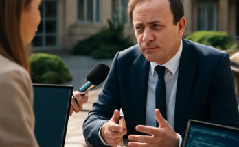 Symbolbild zu Cyberangriffen in Rheinland-Pfalz: abstrahierte IT-Infrastruktur mit Warnsymbolen, Fokus auf Kliniken und Behörden, dazu eine Politikerfigur, die Kritik zur unzureichenden IT-Sicherheit im Gesundheitswesen verdeutlicht.