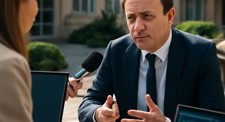 Symbolbild zu Cyberangriffen in Rheinland-Pfalz: abstrahierte IT-Infrastruktur mit Warnsymbolen, Fokus auf Kliniken und Behörden, dazu eine Politikerfigur, die Kritik zur unzureichenden IT-Sicherheit im Gesundheitswesen verdeutlicht.