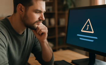 Alt-Text: „Illustration eines genervten PC-Spielers vor einem Monitor mit Steam-Logo und Warnsymbol, dazu eingeblendete Fehlermeldungen und Ladesymbole, sinnbildlich für Steam-Down, Login-Probleme und Serverstörungen.“