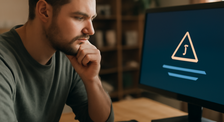 Alt-Text: „Illustration eines genervten PC-Spielers vor einem Monitor mit Steam-Logo und Warnsymbol, dazu eingeblendete Fehlermeldungen und Ladesymbole, sinnbildlich für Steam-Down, Login-Probleme und Serverstörungen.“