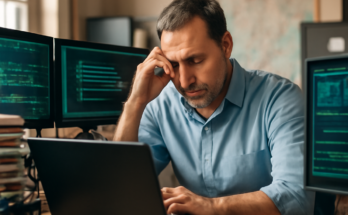 Symbolbild: Allein arbeitende Person vor Monitoren mit Stadt- und Netzwerksymbolen im dunklen Büro – verdeutlicht die Rolle des überlasteten „Einzelkämpfers“ für kommunale Cyber- und IT-Sicherheit in der Smart-City-Entwicklung.