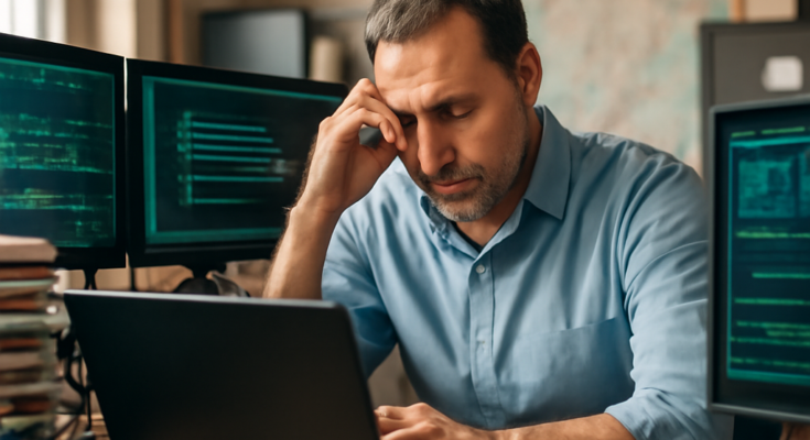 Symbolbild: Allein arbeitende Person vor Monitoren mit Stadt- und Netzwerksymbolen im dunklen Büro – verdeutlicht die Rolle des überlasteten „Einzelkämpfers“ für kommunale Cyber- und IT-Sicherheit in der Smart-City-Entwicklung.
