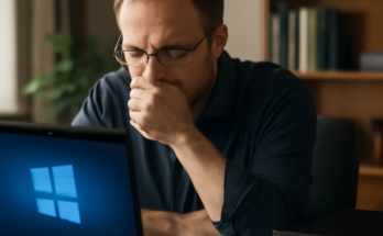 Symbolbild: Ein genervter IT-Administrator sitzt vor mehreren Monitoren mit Windows-Oberfläche, auf einem Bildschirm ist ein Windows-Update-Fenster zu sehen, im Vordergrund ein rotes Firewall-Symbol mit Warnhinweis, das auf ausgefallene Netzwerksicherheit in Unternehmensumgebungen hinweist.