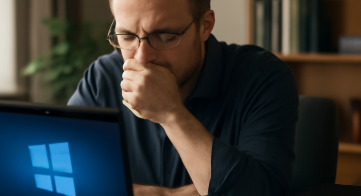 Symbolbild: Ein genervter IT-Administrator sitzt vor mehreren Monitoren mit Windows-Oberfläche, auf einem Bildschirm ist ein Windows-Update-Fenster zu sehen, im Vordergrund ein rotes Firewall-Symbol mit Warnhinweis, das auf ausgefallene Netzwerksicherheit in Unternehmensumgebungen hinweist.