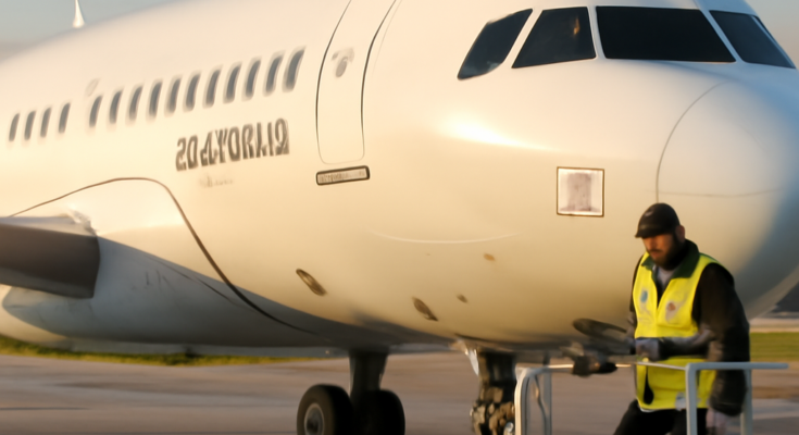 Ein Airbus-A320-Jet auf dem Rollfeld vor blauem Himmel, dazu eingeblendete Symbole für Software-Update und Sicherheit, die den Fortschritt beim Einspielen des neuen Steuerungs-Updates in die A320-Flotte visualisieren.