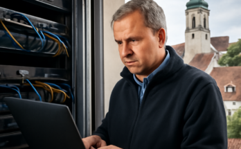 Alt-Text: Blick in das Rathaus einer kleinen oberschwäbischen Gemeinde, im Vordergrund ein Arbeitsplatz mit mehreren Monitoren, auf denen Sicherheitswarnungen und Firewall-Übersichten zu sehen sind – symbolisiert, wie sich die Kommune technisch gegen zunehmende Hackerangriffe aus Russland wappnet.