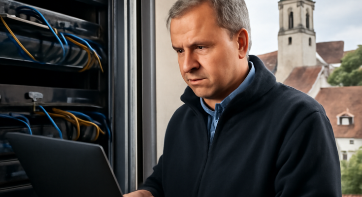 Alt-Text: Blick in das Rathaus einer kleinen oberschwäbischen Gemeinde, im Vordergrund ein Arbeitsplatz mit mehreren Monitoren, auf denen Sicherheitswarnungen und Firewall-Übersichten zu sehen sind – symbolisiert, wie sich die Kommune technisch gegen zunehmende Hackerangriffe aus Russland wappnet.