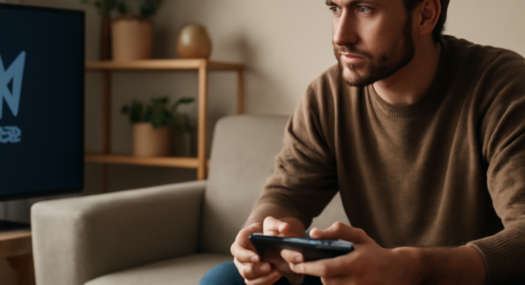 Beitragsbild: Verärgerter PlayStation-Spieler vor PS5, auf dem Bildschirm eine PSN-Fehlermeldung, daneben eingeblendete Hinweise zu Offline-Modus, primärer Konsole und lokalen Multiplayer-Optionen während des PSN-Ausfalls im Oktober 2025.