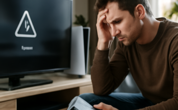 Alt-Text: „Screenshot einer PlayStation-Startoberfläche auf PS5 mit eingeblendetem PSN-Fehlerhinweis: Login nicht möglich, digitale Spiele wegen Lizenzproblemen gesperrt, Menüs und PlayStation Store laden nur sehr langsam.“