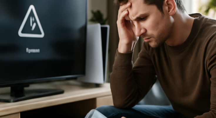 Alt-Text: „Screenshot einer PlayStation-Startoberfläche auf PS5 mit eingeblendetem PSN-Fehlerhinweis: Login nicht möglich, digitale Spiele wegen Lizenzproblemen gesperrt, Menüs und PlayStation Store laden nur sehr langsam.“