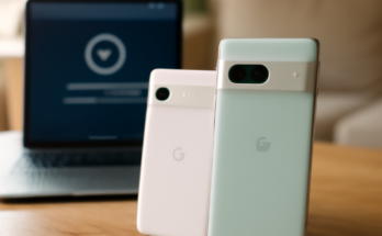 Alt-Text: Grafik mit mehreren Google-Pixel-Smartphones nebeneinander, dazu eine Zeitleiste mit unterschiedlichen Support-Dauern: sieben Jahre Updates für Pixel 8 und 8a, kürzere Update-Zeiträume für Pixel 7-, Pixel 6- und ältere Pixel-Modelle, dazu Überschrift zum Google-Pixel-Update-Versprechen.