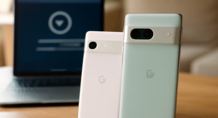 Alt-Text: Grafik mit mehreren Google-Pixel-Smartphones nebeneinander, dazu eine Zeitleiste mit unterschiedlichen Support-Dauern: sieben Jahre Updates für Pixel 8 und 8a, kürzere Update-Zeiträume für Pixel 7-, Pixel 6- und ältere Pixel-Modelle, dazu Überschrift zum Google-Pixel-Update-Versprechen.