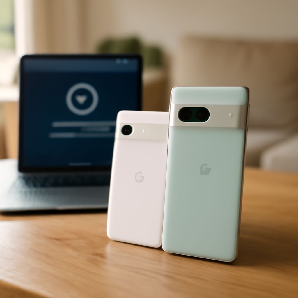 Alt-Text: Grafik mit mehreren Google-Pixel-Smartphones nebeneinander, dazu eine Zeitleiste mit unterschiedlichen Support-Dauern: sieben Jahre Updates für Pixel 8 und 8a, kürzere Update-Zeiträume für Pixel 7-, Pixel 6- und ältere Pixel-Modelle, dazu Überschrift zum Google-Pixel-Update-Versprechen.