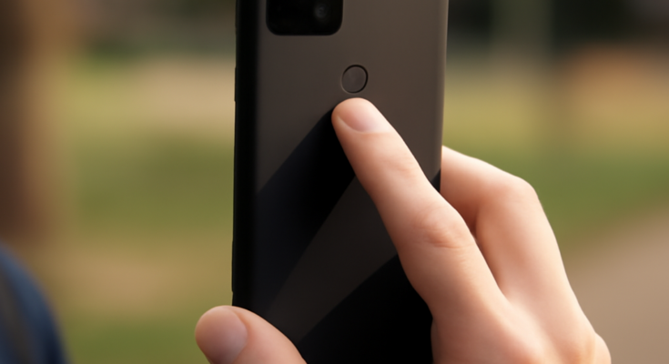 Alt-Text: Hand hält ein Google-Pixel-Smartphone, das per Fingerabdrucksensor direkt aus dem Standby entsperrt wird, während der Bildschirm gerade vom dunklen Sperrbildschirm zum Homescreen überblendet.